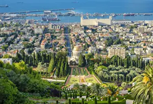 Israel, Haifa District, Haifa. Baha i Gardens and buildings in downtown Haifa