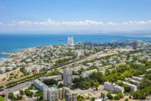 Haifa District Prints: Israel, Haifa District, Haifa. High-angle view of downtown Haifa from Mount Carmel