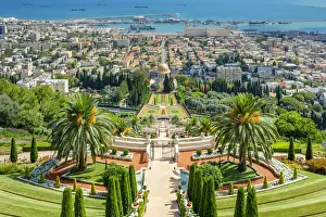 Haifa District Prints: Israel, Haifa District, Haifa. Upper terraces of the Baha i Gardens, and the Shrine