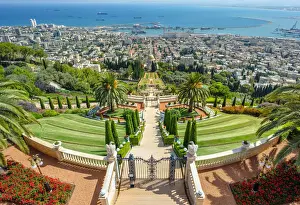 Israel, Haifa District, Haifa. Upper terraces of the Baha i Gardens, and the Shrine