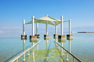 Images Dated 8th February 2019: Israel, South District, Ein Bokek. A shade pavilion near the beach at the shore of