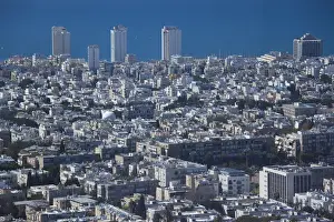 Deck Prints: Israel, Tel Aviv, elevated city view from observation platform atop Azrieli Center