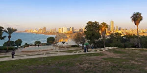 Israel, Tel Aviv, Jaffa, view of beachfront with downtown buildings