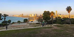 Israel Prints: Israel, Tel Aviv, Jaffa, view of beachfront with downtown buildings