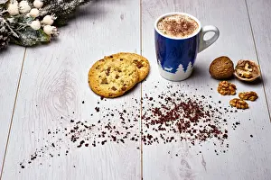 Caffeine Prints: Italian cappuccino with cookies and walnuts on a white wooden table