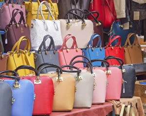 Italian leather bags on display, Mercato Nuovo, Florence, Tuscany, Italy, Europe