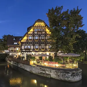 Italian Restaurant L Osteria on a peninsula in Wehrneckarkanal Canal, Esslingen am Neckar, Baden-Wurttemberg, Germany