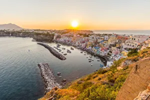 Naples Prints: Italy, Campania, Province of Naples, Procida. Sunset at Marina di Corricella