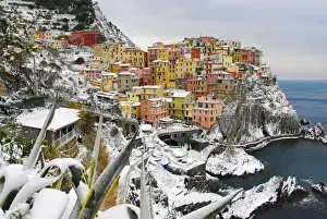 Cinque Terre Prints: Italy, cinque Terre, Manarola. Snow in Manarola only every 25 years it happens to