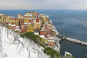 Italy, cinque Terre, Manarola. Snow in Manarola only every 25 years it happens