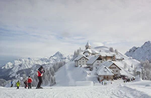 Italy, Friuli Venezia Giulia, Ski slope with a view to Mount Lussari