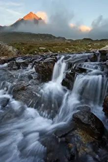 Pyramid Prints: Italy, Italian Alps, Lombardy, Mountain peak and river at sunset, Stelvio National Park