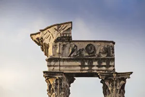 Italy, Lazio, Rome, The Roman Forum, Sculpted reliefs on ancient temple