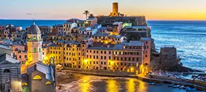 Tuscany Prints: Italy, Liguria, Cinque Terre. The village of Vernazza in the evening