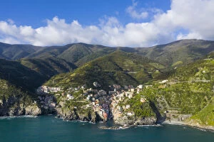 Italy, Liguria, Riomaggiore. Aerial view of one of the five famous villages of the