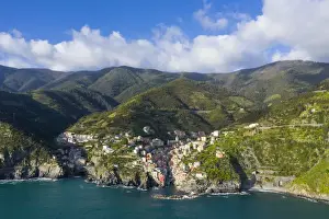 Riomaggiore Prints: Italy, Liguria, Riomaggiore. Aerial view of one of the five famous villages of