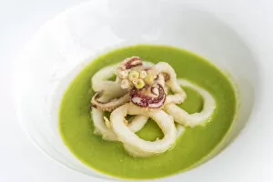 italy, Liguria. Seafood dinner with octopus on pea cream