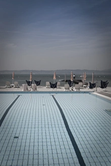 Italy, Lombardy, Lake District, Lake Garda, Sirmione, Lakeside Swimming Pool
