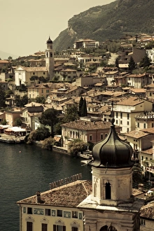 Italy, Lombardy, Lake District, Lake Garda, Limone sul Garda, town view with San Benedetto church