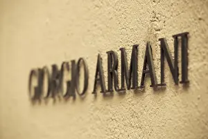 Italy, Lombardy, Milan, Monte Napoleone fashion designer area, Giorgio Armani shop sign