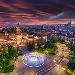 Italy, Lombardy, Milan, Simplon Park (Parco Sempione) and Sforza Castle