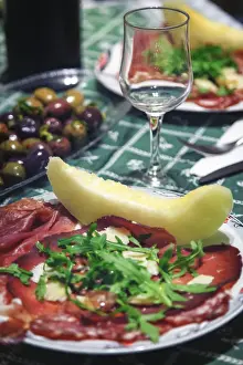 Italian Food Prints: Italy, Naples, Traditional Antipasto with Prosciutto (Cured Ham) and Honeydew Melon