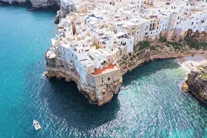 Adriatic Sea Prints: Italy, Puglia, Polignano a Mare, aerial view over whitewashed coastal town