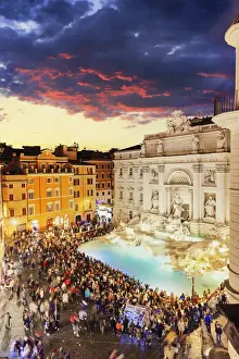 Italy, Rome, elevated view by night of Trevi fountain by Bernini by night