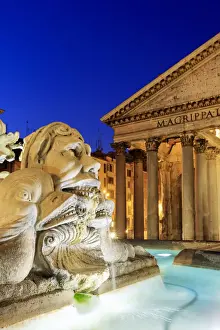 Italy, Rome, Pantheon and Piazza della Rotonda Fountain by night