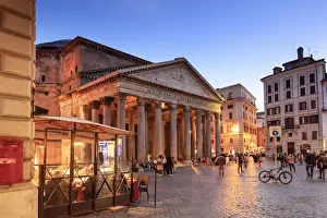 Italy, Rome, Pantheon and Piazza della Rotonda Fountain by night