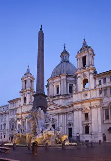 Italy, Rome, Piazza Navona, Fountain of the Four Rivers and Sant Agnese in Agone