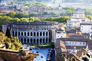 Theatre Prints: Italy, Rome, Roman Forum and Marcello theatre at sunset