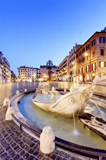 Italy, Rome, Spagna Square with Trinita dei Monti and Barcaccia fountain by night
