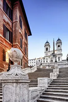 Italy, Rome, Spagna Square with Trinita dei Monti and Barcaccia fountain by night