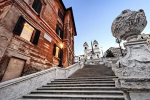 Steps Prints: Italy, Rome, Spagna Square with Trinita dei Monti and Barcaccia fountain by night