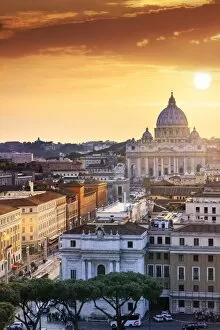 Sacred Collection: Italy, Rome, St. Peter Basilica and Via della Conciliazione elevated view at sunset