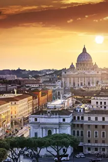 Dome Prints: Italy, Rome, St. Peter Basilica and Via della Conciliazione elevated view at sunset