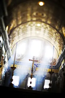 Catholicism Prints: Italy, Rome, St. Peter Basilica interior with sun lights penetrating through
