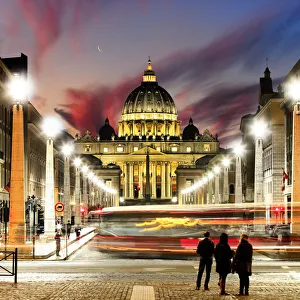Catholicism Prints: Italy, Rome, St. Peter Basilica by night