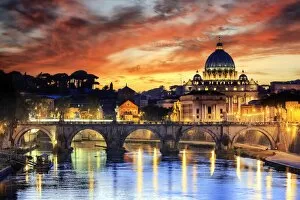 Sacred Collection: Italy, Rome, St. Peter Basilica by night reflecting on Tevere river
