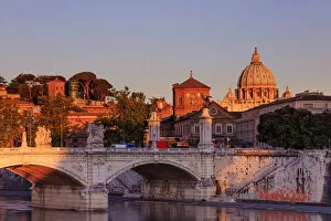 Sacred Collection: Italy, Rome, St. Peter Basilica at sunrise reflecting on Tevere river