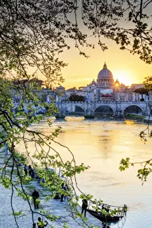 Dome Prints: Italy, Rome, St. Peter Basilica at sunset reflecting on Tevere river