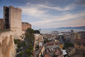 Italy, Sardinia, Cagliari, Il Castello Old Town, Torre dell Elefante tower, sunset