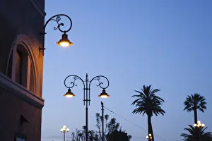 Italy, Sardinia, Cagliari, Il Castello Old Town, streetlights at Bastione San Remy, dawn