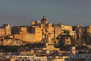 Italy, Sardinia, Cagliari, Il Castello Old Town and city walls from Basilica Nostra