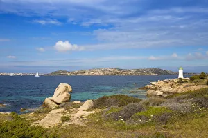 Italy, Sardinia, Sassari Province, Palau, Porto Faro Lighthouse with La Maddalena