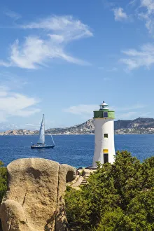 Italy, Sardinia, Sassari Province, Palau, Porto Faro Lighthouse with La Maddalena