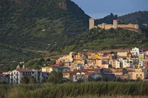 Italy, Sardinia, Western Sardinia, Bosa, town view with Castello Malaspina, sunset