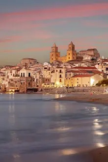 Lit Up Prints: Italy, Sicily, Cefalu, the old town illuminated at sunset