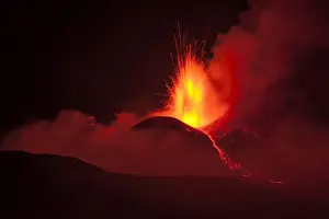 Volcanoes Prints: Italy, Sicily, Mt. Etna, Strombolian activity at the Southeast Crater, a small lava